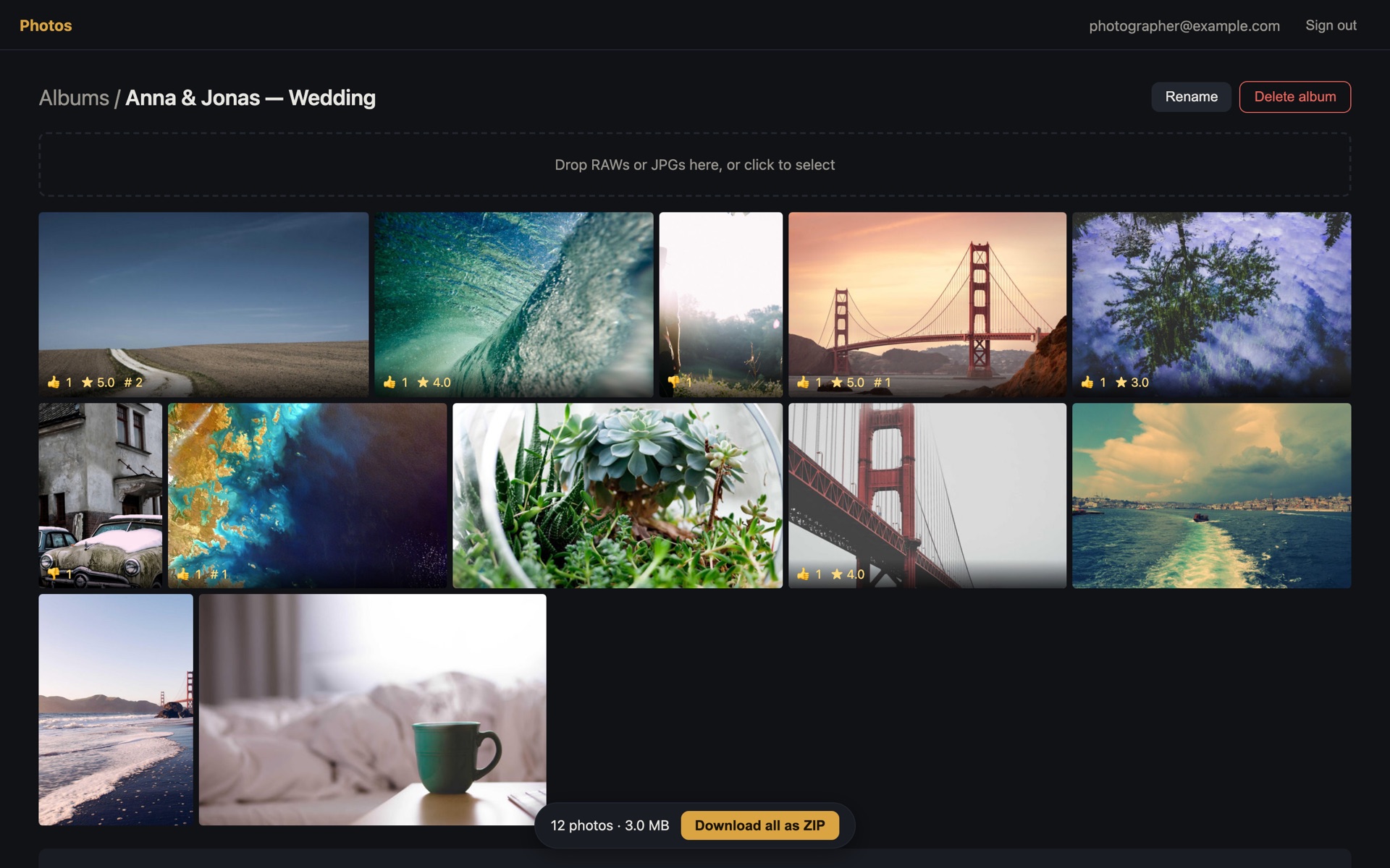Album view with upload zone and feedback overlays